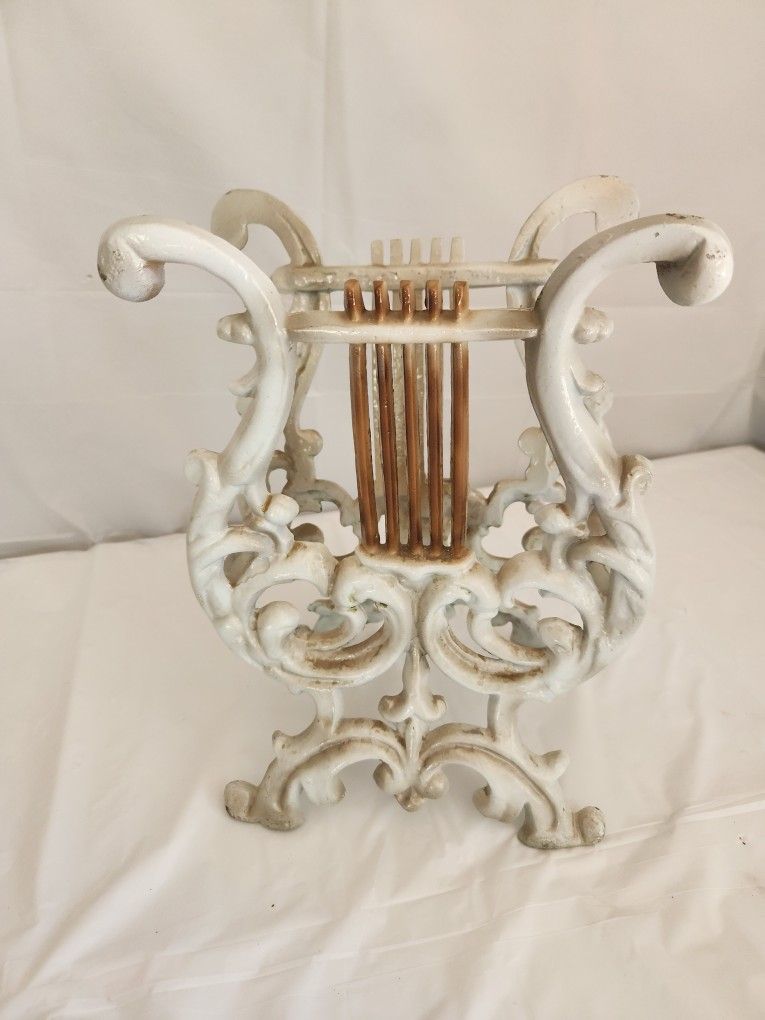 Vintage Heavy Cast Iron Lyre-Style Magazine Rack