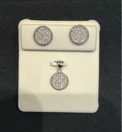 Silver Pave Crystal Round Earrings and Pendant Set