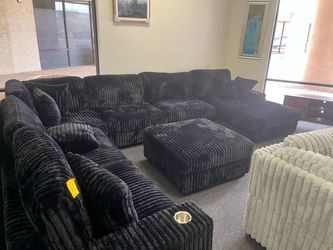 Black Corduroy Sectional Sofa with Ottoman