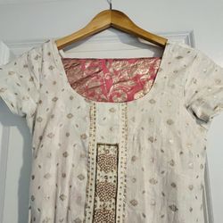 White and pink cotton kurti pants set