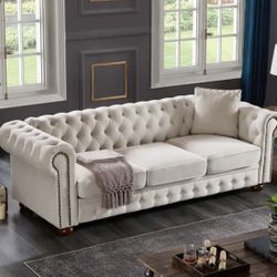 Elegant White Tufted Sofa + Leather Recliner – Like New