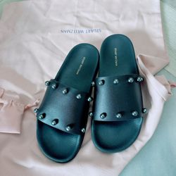 Stuart Weitzman Superstud Slides | Size 8 | Black Leather Sandals/NWOB