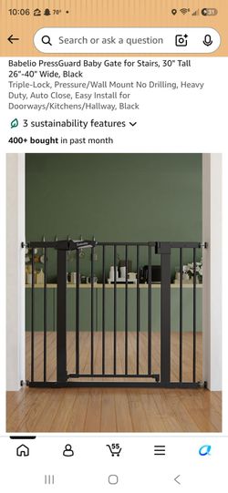 Babelio PressGuard Baby Gate for Stairs, 30" Tall 26"-40" Wide, Black
Triple-Lock, Pressure/Wall Mount No Drilling, Heavy Duty, Auto Close, Easy Insta
