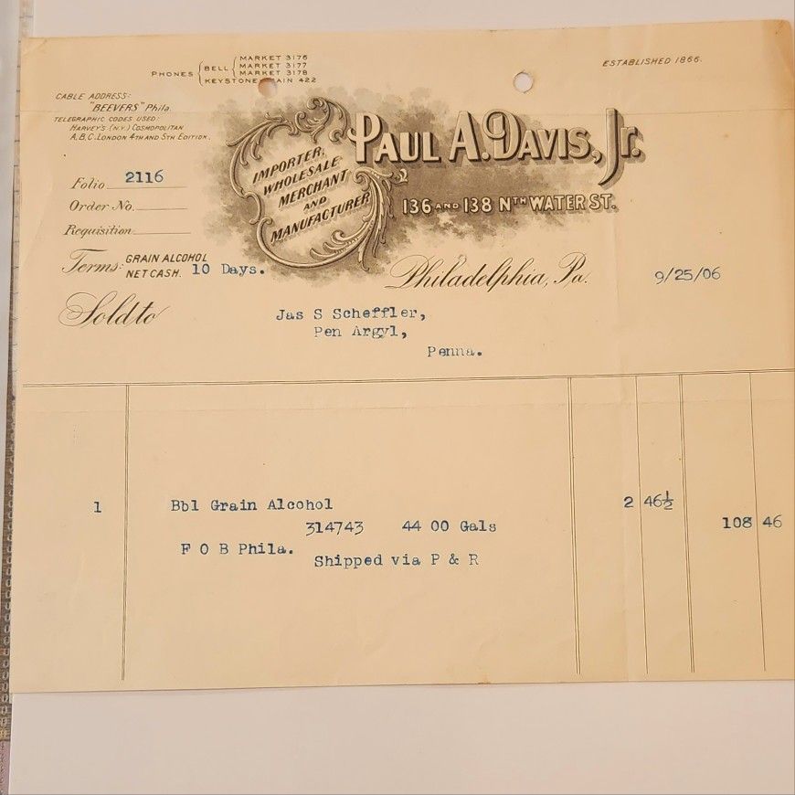 1906 Philadelphia Receipt For Grain Alcohol Re: 44 Gallons