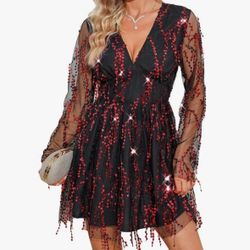CUPSHE Women's V Neck Sparkly Sparkly Tulle Sequin Long Sleeve A-Line Dress