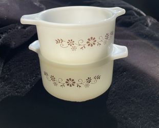 Vintage Pyr-O-Rey Dyna Ware 2 Small Milk Glass Casserole Dishes Brown Floral