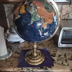 E1 Globe Gemstone World Map Blue Lapis on Brass Stand  H 21" 