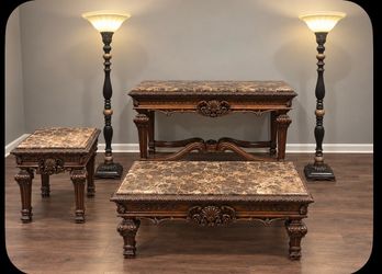 Ornate Marble-Top Table Set with 2 Matching Floor Lamps