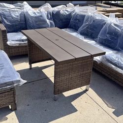 outdoor wicker patio furniture sofa sectional set with table & storage bench - brown / navy - NEW