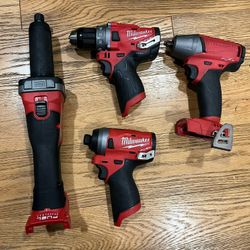 4 Set of Milwaukee power drills including; 3 brushless motor power drills and 1 M18 FUEL 18V Lithium-Ion