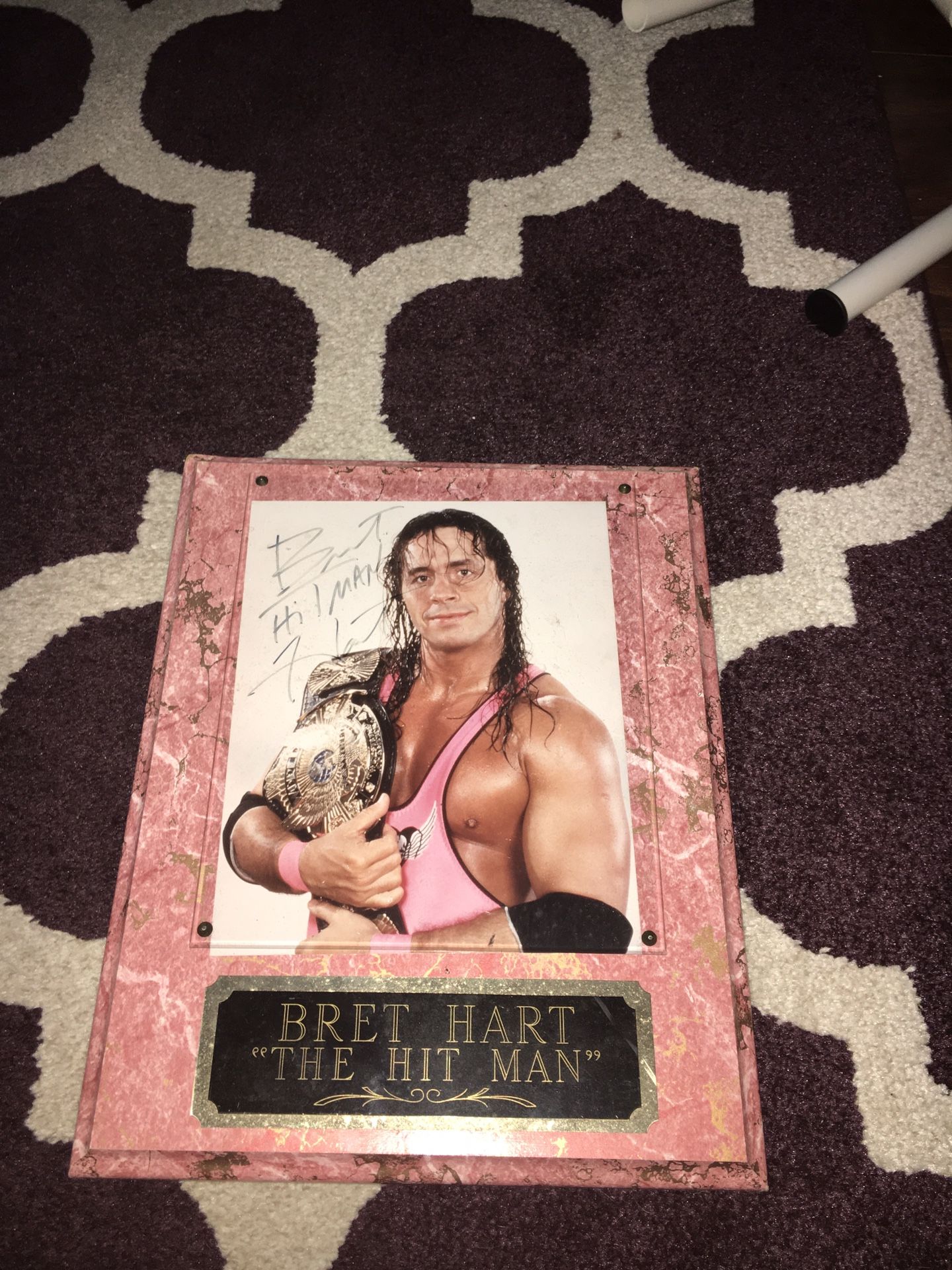 Autographed 8 x 10 Bret The Hitman Hart With Championship Belt Eloquently Displayed On A Beautiful Plaque