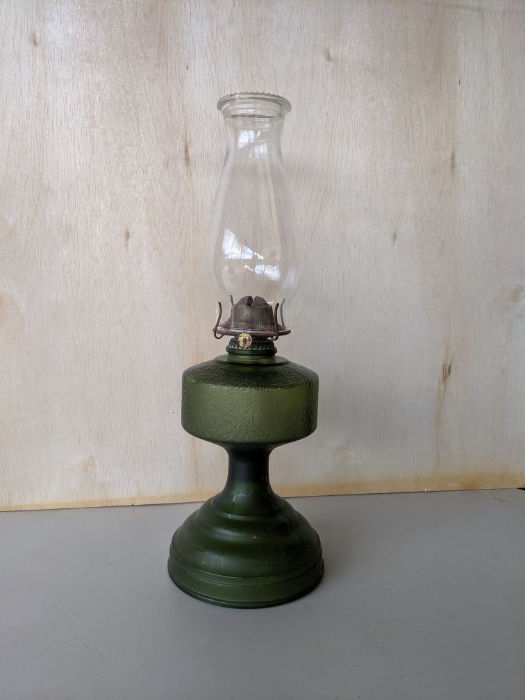 Vintage Pressed Green Glass Kerosene Oil Lamp