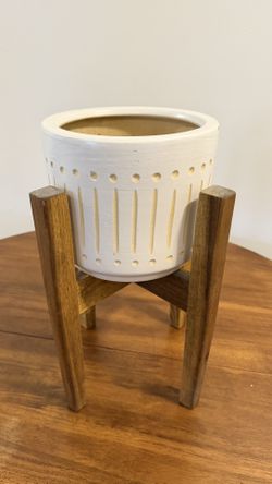 Mid-Century Style Planter with Wood Stand
