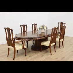 Romweber Louis XV Carved de Gaulle Dining Set, Table, 4 Leaves, 6 Chairs