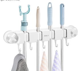 Broom Holder Wall Mount Sturdy Mop and Broom Holder with 4 Racks and 5 Hooks Vacuum Suction Cup Broom Hanger Multifunctional Mop Holder for Kitchen Ga