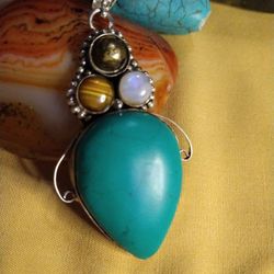 NEW! HUGE! BALI-STERLING.NEVADA TURQUOISE (*21.7 *Grams*) TEAR-DROP: TIGERS-EYE/MOONSTONE, & A GOLDEN PEARL.: (3") PENDANT/STERLING CHAIN. 20"   