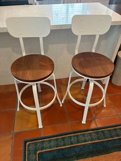 Two White metal and wood bar stools