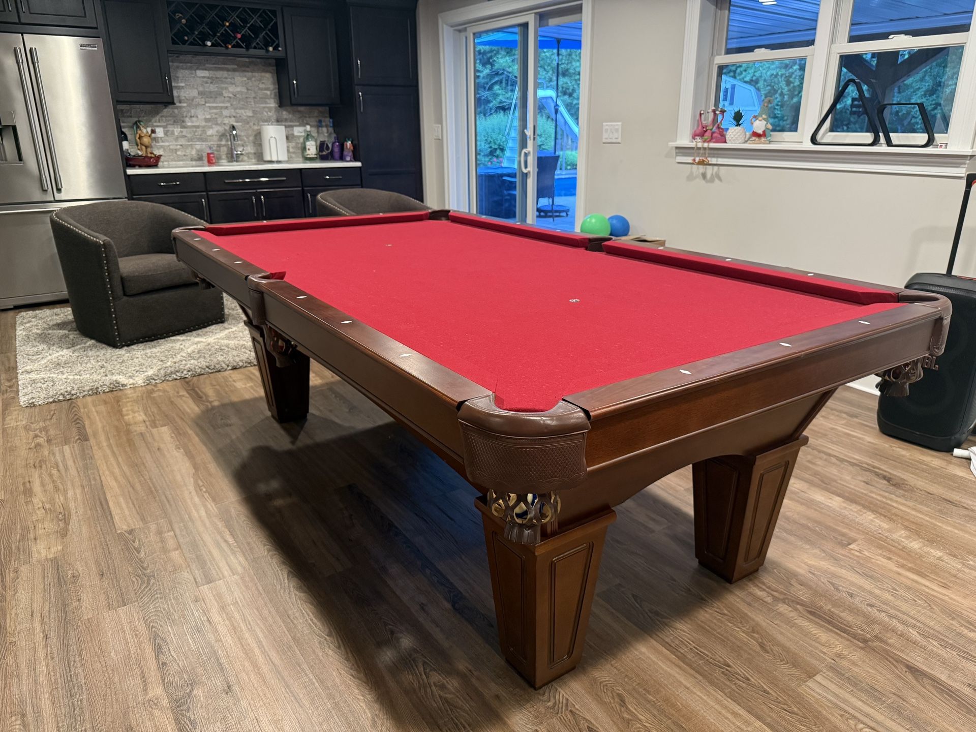 8ft Brunswick 3-Piece Slate Pool Table with Ping Pong Top and accessories.