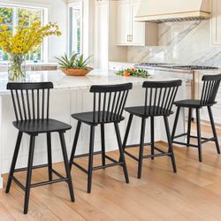 Upgraded Windsor Wooden Black Bar Stools Set of 4, 24 Inch Counter Height Barstools with Spindle Back/Bigger Seat for Kitchen Island