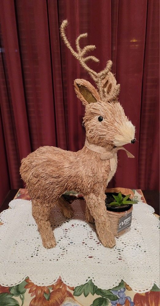 DECORATIVE REINDEER MADE OF STRAW WITH SUCCULENT PLANT 20" HIGH X12" LONG