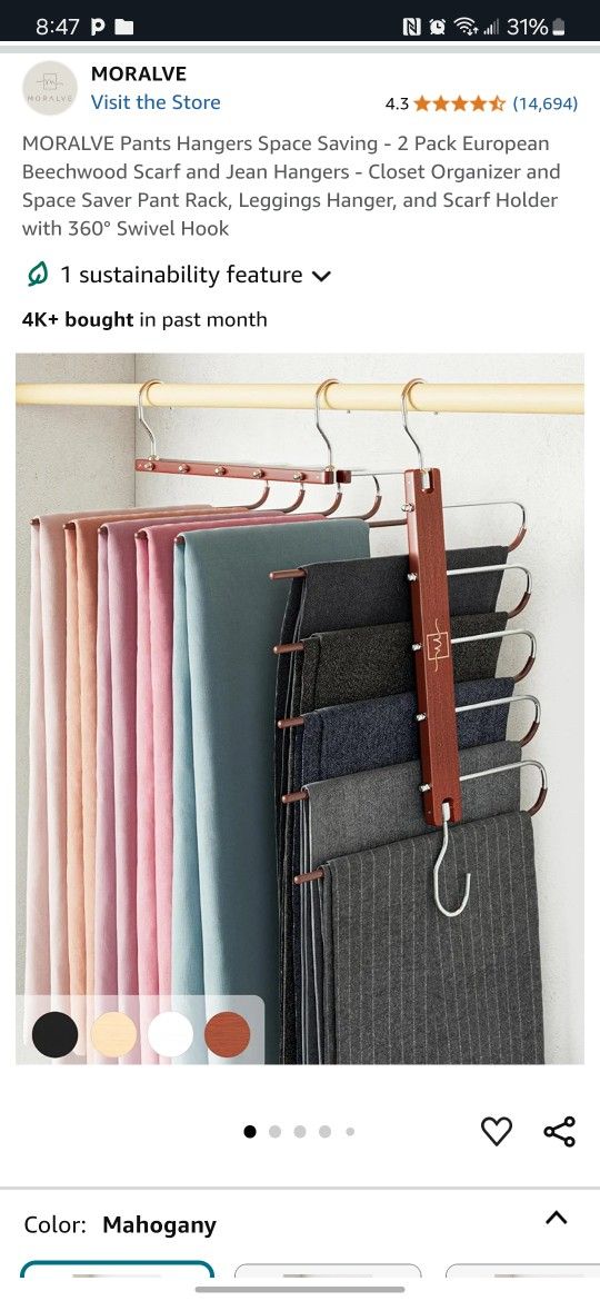 MORALVE Pants Hangers Space Saving - 2 Pack European Beechwood Scarf and Jean Hangers - Closet Organizer and Space Saver Pant Rack, Leggings Hanger, a