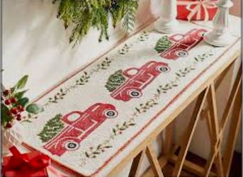 Kringle Express Winter Beaded Table Runner Red Truck Christmas Tree NEW 36" x 13"