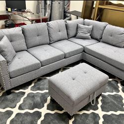 Taupe Grey Sectional Sofa + Storage Ottoman 