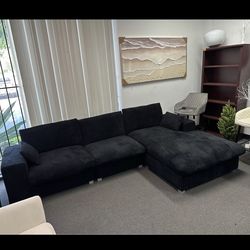 New 113" Black Corduroy Fabric Sectional Sofa L-Shape Sofa