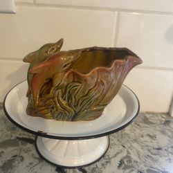 Majolica Style Ceramic Green Jumping Dolphin Planter Vase