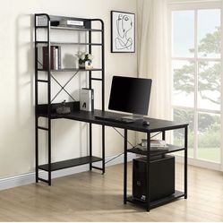 Home Office Computer Desk——Metal Frame and MDF Board/5 Tier Open Bookshelf/Plenty Storage Space(Black)