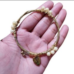 Vintage Gold Toned Pearl 3 Stones Wrap Wire Bangle Bracelet