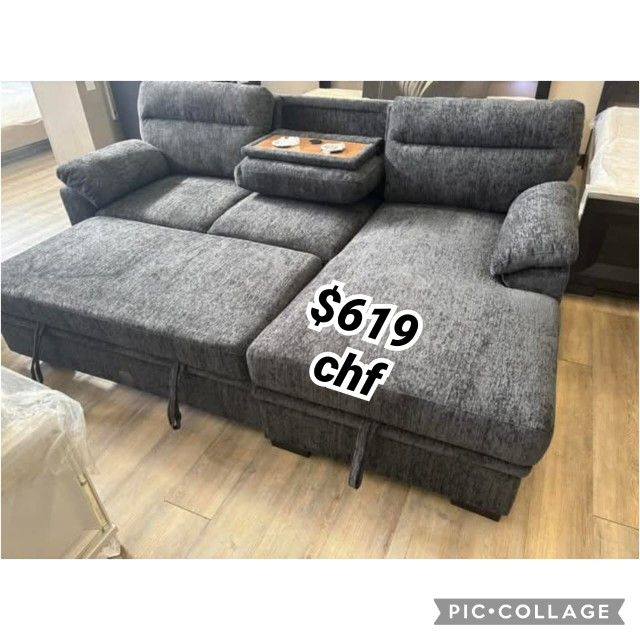 94"W Dark Gray Chenille Fabric Sleeper Sectional Sofa with Right-Facing Chaise, Cupholders, USB Charging port