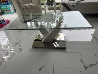 Modern Glass Top Coffee Table White Base and a Sectional