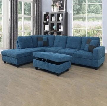 Brand New Blue Flannelette Sectional Sofa With Storage Ottoman