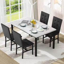 Dining Table Set for 4,Faux Marble Kitchen Table and Chairs Set of 4, Modern Dining Room Table Set for 4,Dinner Table with 4 Leather Chairs, Dinette S