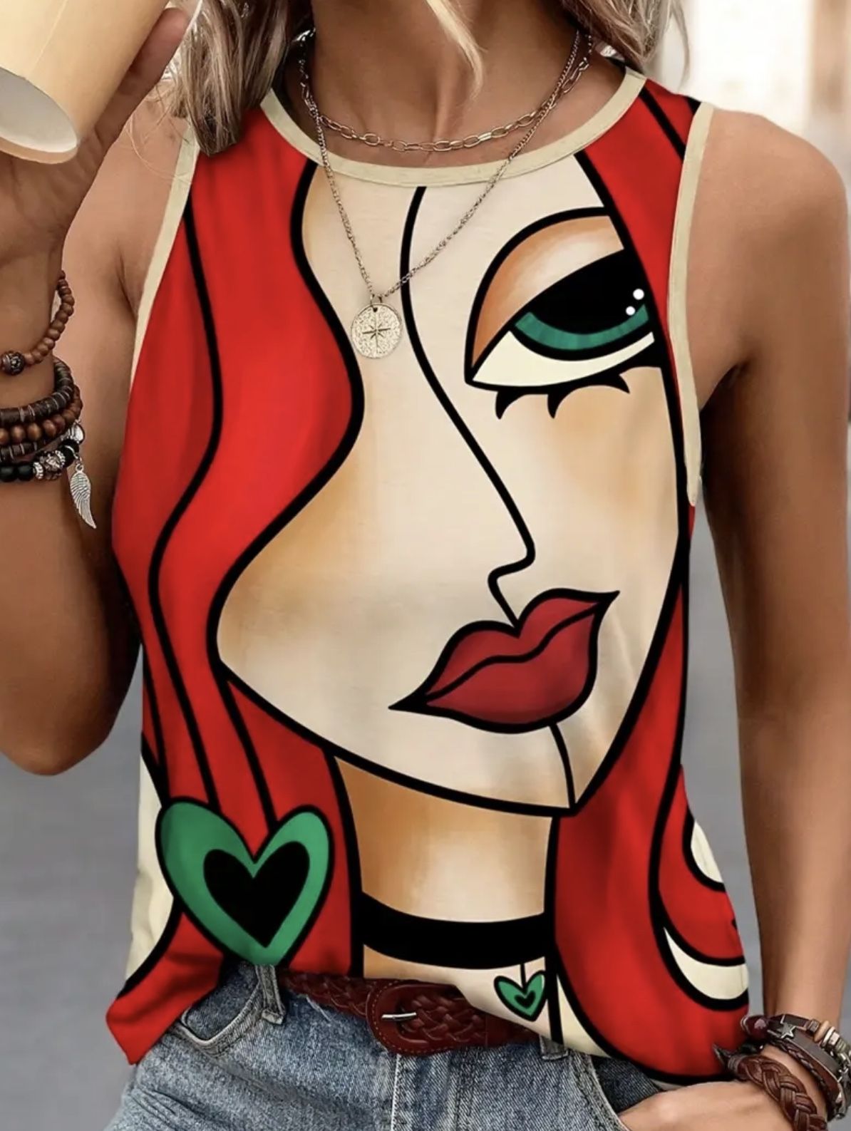 Sleeveless Crew Neck Abstract Print Tank Top for Spring & Summer, Casual Women's Clothing