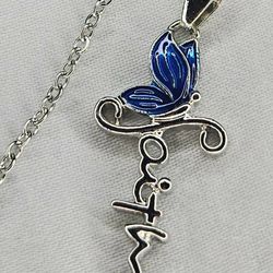 Faith Blue Butterfly Religious Cross Pendant And Silvery Chain Necklace