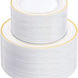 200 Plastic Disposable White With Gold Rimmed Plates For Party