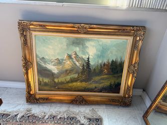 Large Mountain Landscape Painting – Ornate Gold Frame – Wes