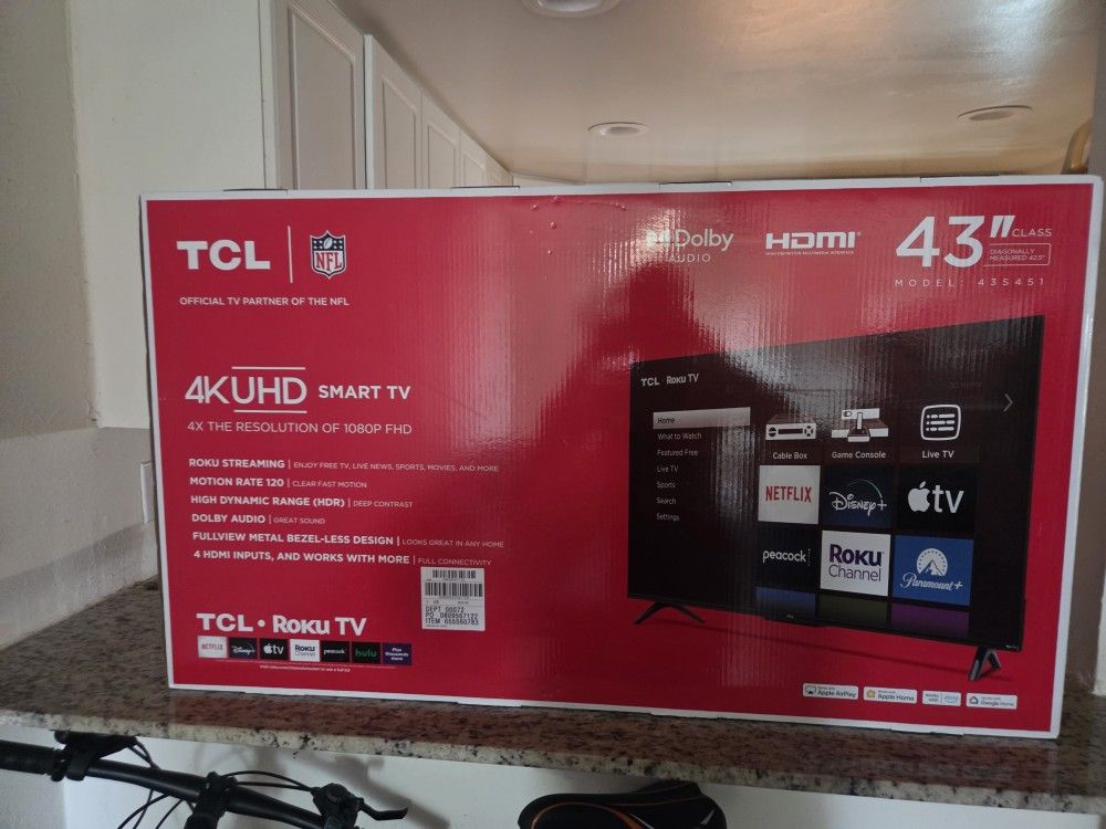 TCL 43" Class S4 (43S451) 4K UHD HDR Smart TV with Roku TV.