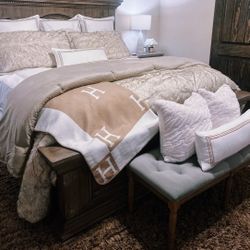 Lovely Bedroom Bench - Soft Gray Velvet & Rustic Wood.