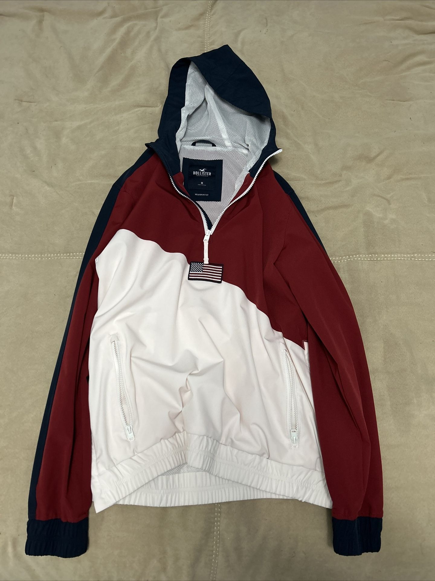 RARE Hollister Epic Flex Red, White & Blue 1/4 Zip Up Double Pocket Windbreaker
