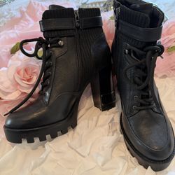 Antonio Melani Leather Lace-up Black On Black Platform Heel Booties