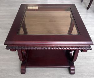 Used Side Coffee Table Red Wood Color With Glass Top