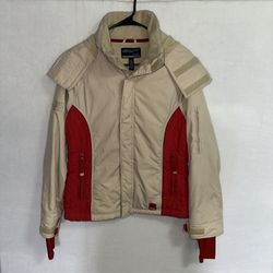 American Eagle Ski Jacket Women’s Medium Red White Y2K Vented Hood Full Zip Pockets Lined Padded 