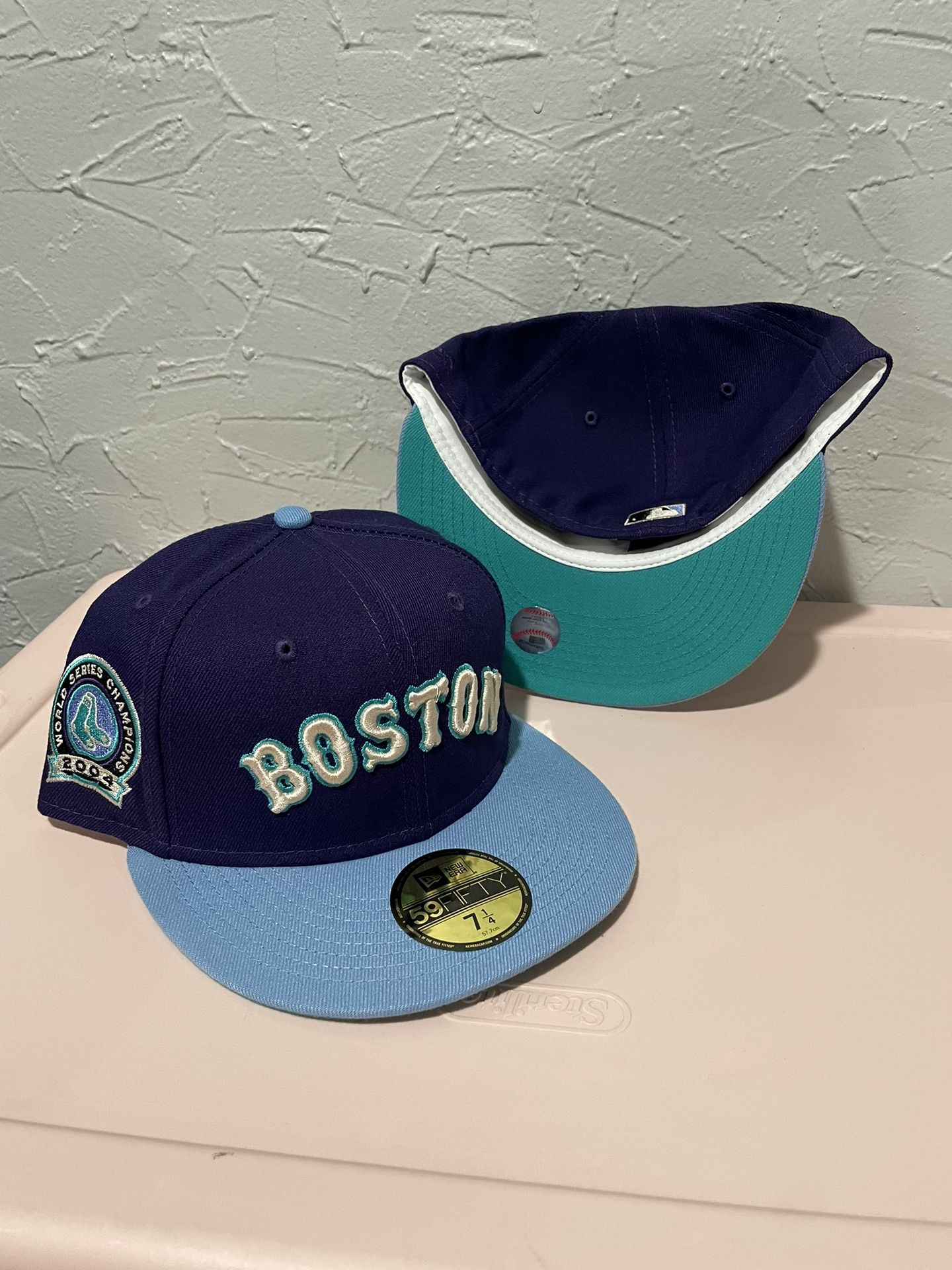 MLB New Era Boston Red Sox Purple Sky 2004 World Series Champs Patch 59fifty Fitted Hats Size 7 1/8, 7 1/4, 7 3/8 And 7 1/2 