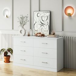 6 Drawer White Double Dresser, Wood Storage Cabinet with Easy Pull Out Handles, Chest of Drawers