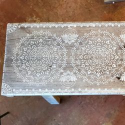 Farmhouse Distressed Reclaimed Weathered Wood Bench With Decorative Designs 