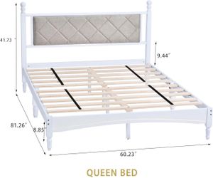 Queen Bed Frame with Fabric Upholstered Headboard, Solid Rubber Wood Foundation , White