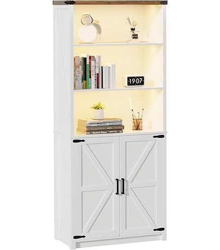70" Tall Farmhouse 5 Shelf Bookcase with Doors, Freestanding Library Bookshelf, White Finish